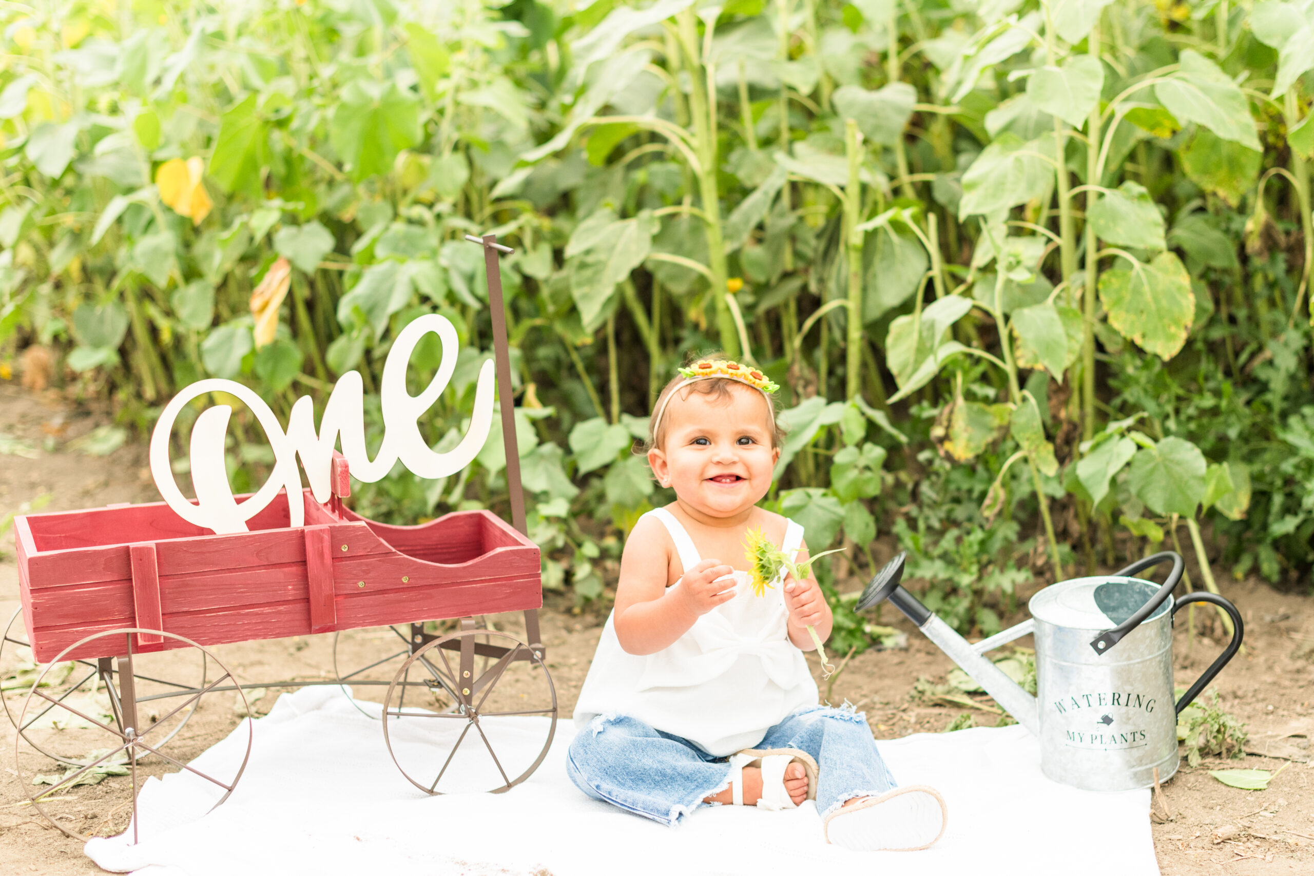 beautiful 1 year old baby girl smiling while sitting on ground in a sunflower field with a year old sign a red wagon and a watering can