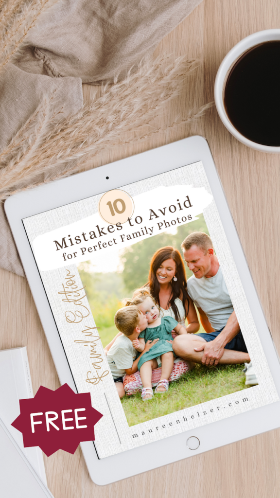 Free guide covering 10 family photo mistakes to avoid. Free guide of a family smiling on the cover of an ipad or tablet. 